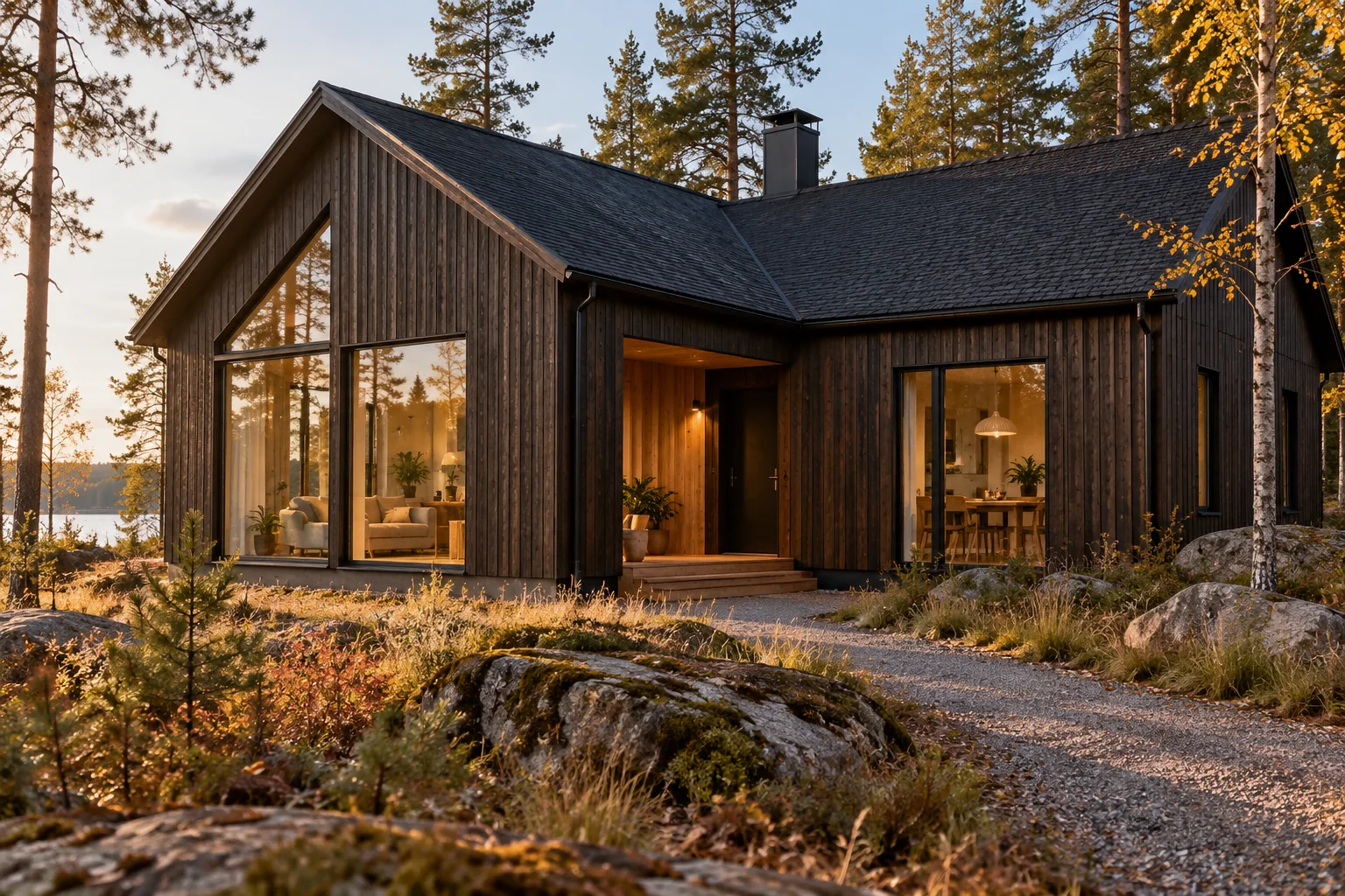 Ett modernt trähus med stora fönster bland tallar, konceptbild